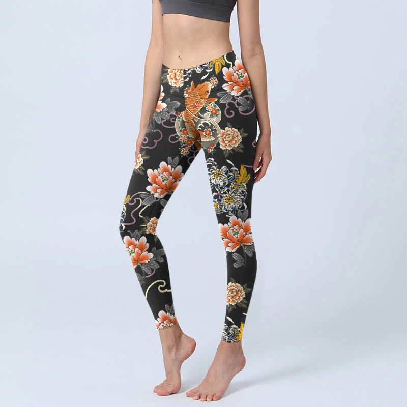 Buddha Stones Koi Fish Peony Chrysanthemum Clouds Pattern Print Gym Leggings Women's Yoga Pants