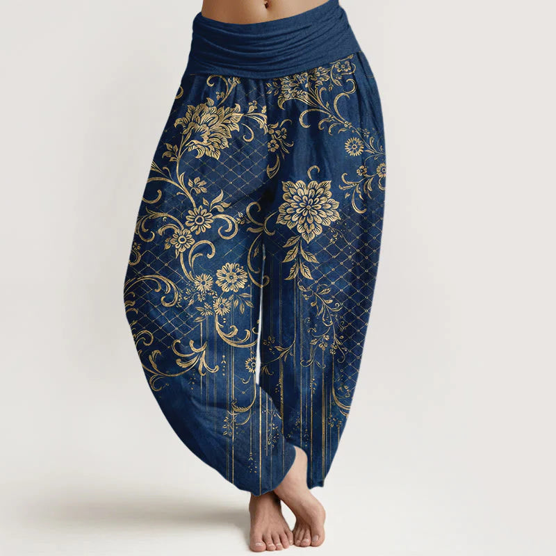 Buddha Stones Pure Cotton Classical Flower Leaf Vine Pattern Women's Elastic Waist Harem Pants
