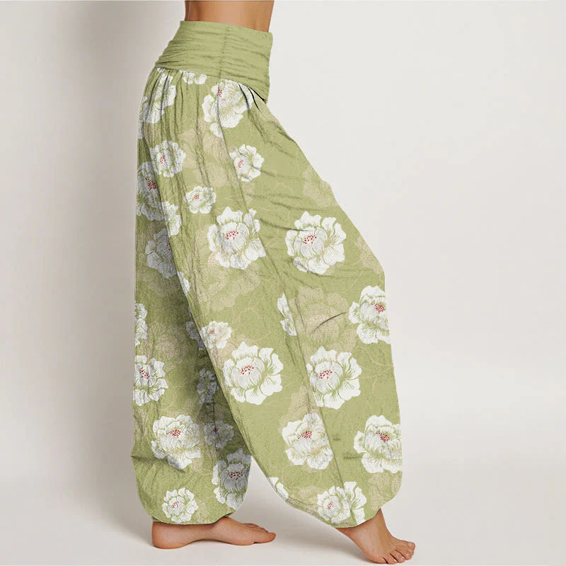 Buddha Stones Cotton Elegant White Flowers Pattern Women's Elastic Waist Harem Pants