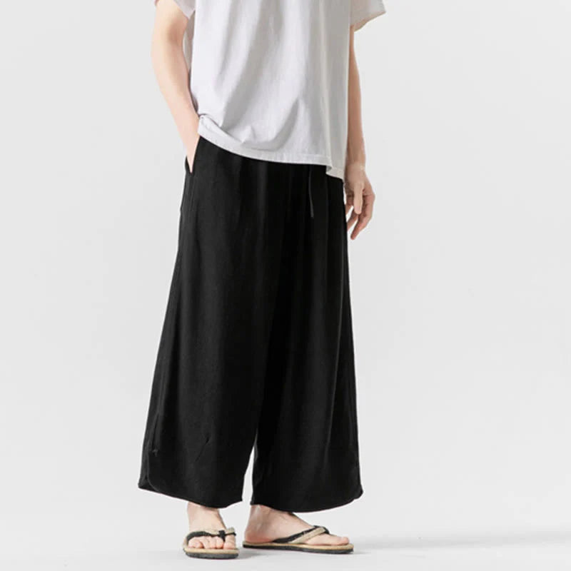 Buddha Stones Summer Plain Drawstring Design Linen Cotton Men's 7-8 Length Pants With Pockets