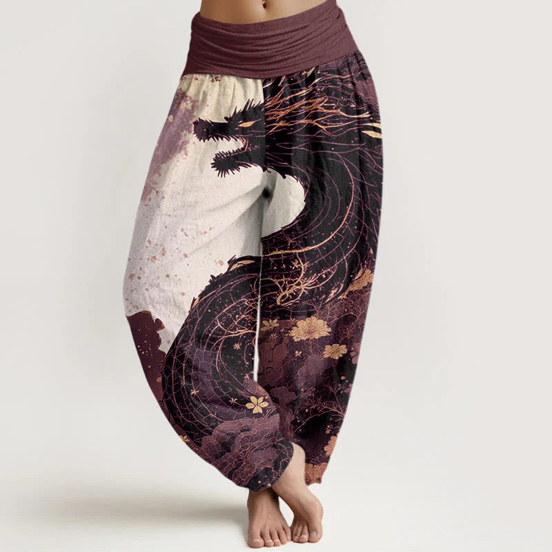 Buddha Stones Cotton Casual Dragon Ancient Tree Pattern Women's Elastic Waist Harem Pants