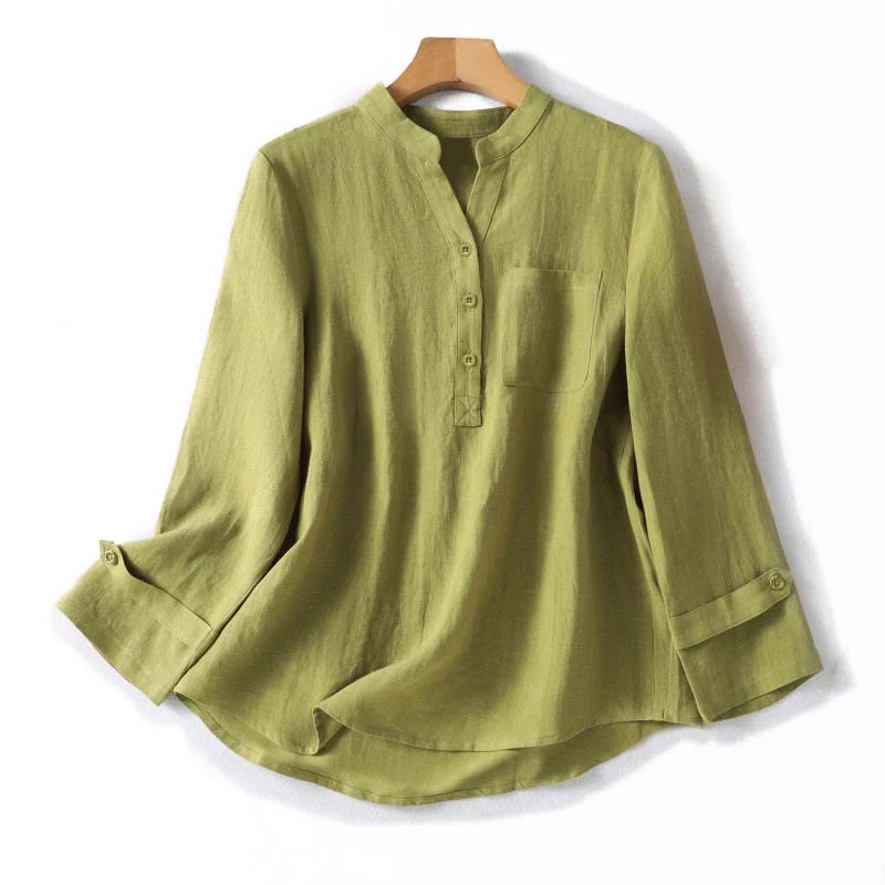 Buddha Stones Spring Dark Khaki Stand Collar Half Buttons Design Women's Long Sleeve Shirt