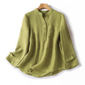Buddha Stones Spring Dark Khaki Stand Collar Half Buttons Design Women's Long Sleeve Shirt