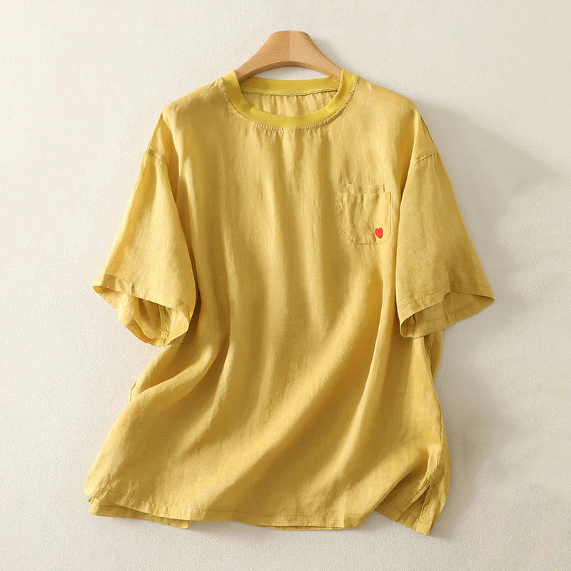 Buddha Stones Casual Embroidery Red Heart Short Sleeve Women's Cotton Linen T-Shirt