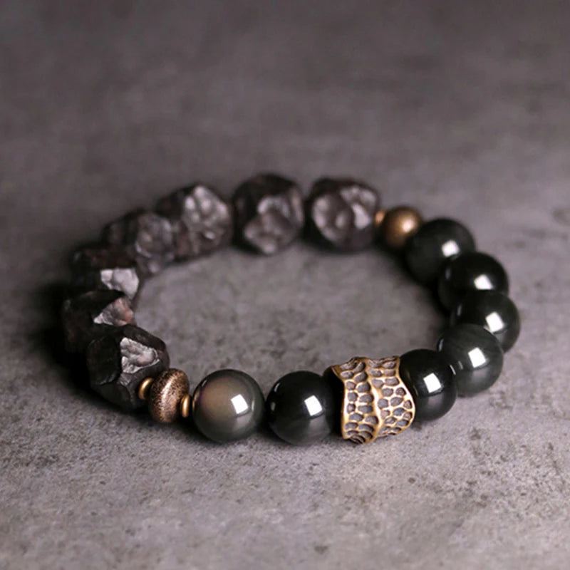 Buddha Stones Black Obsidian Ebony Wood Copper Strength Couple Bracelet (Extra 30% Off | USE CODE: FS30)
