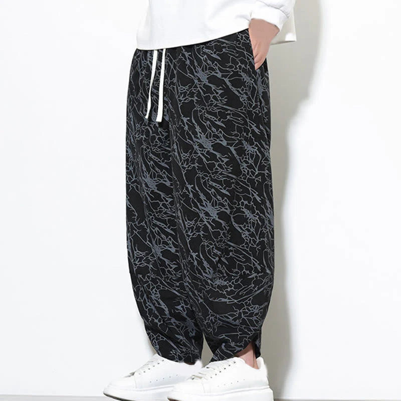 Buddha Stones Fall Textured Lines Print Cotton Elastic Waist Ankle-Length Men's Harem Pants With Pockets
