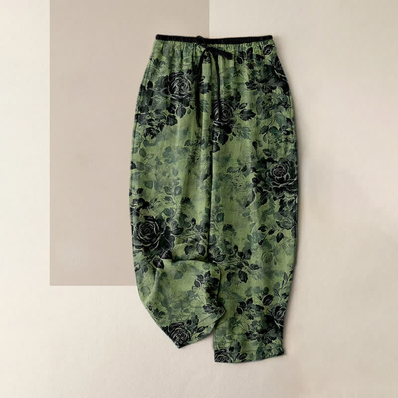 Buddha Stones Pure Cotton Rose Pattern Elastic Waist Drawstring Women's Pants With Pockets