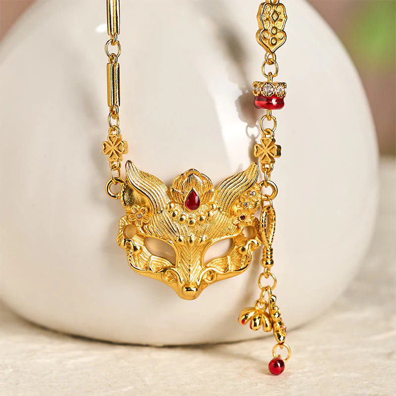 Buddha Stone 24k Gold Plated Brass Fox Design Tassel Pendant Necklace