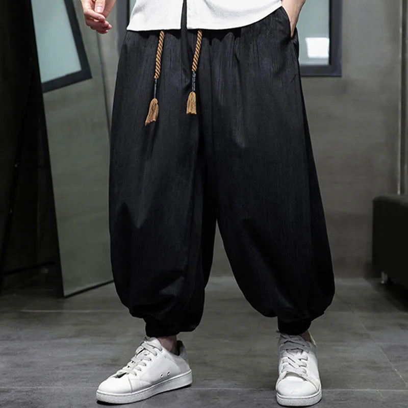 Buddha Stones Casual Daily Pure Color Drawstring Design Men's Harem Pants With Pockets