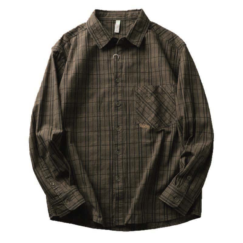 Buddha Stones Fall Commute Embroidery Plaid Pattern Men's Cotton Long Sleeve Shirts With Pocket