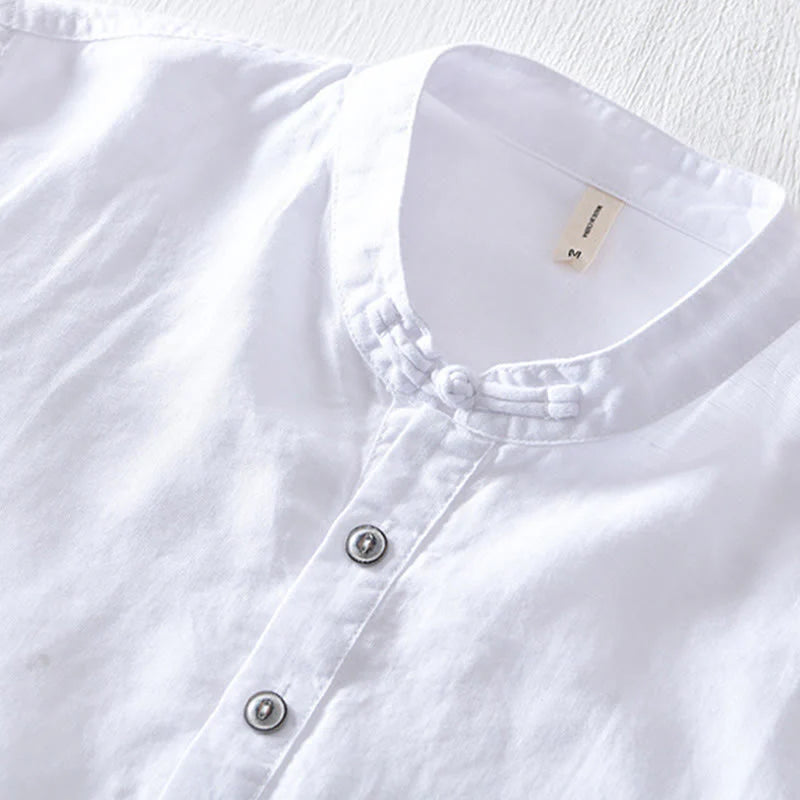 Buddha Stones Solid Color Half Button Design Stand Collar Men's Short Sleeve Cotton Linen Shirt