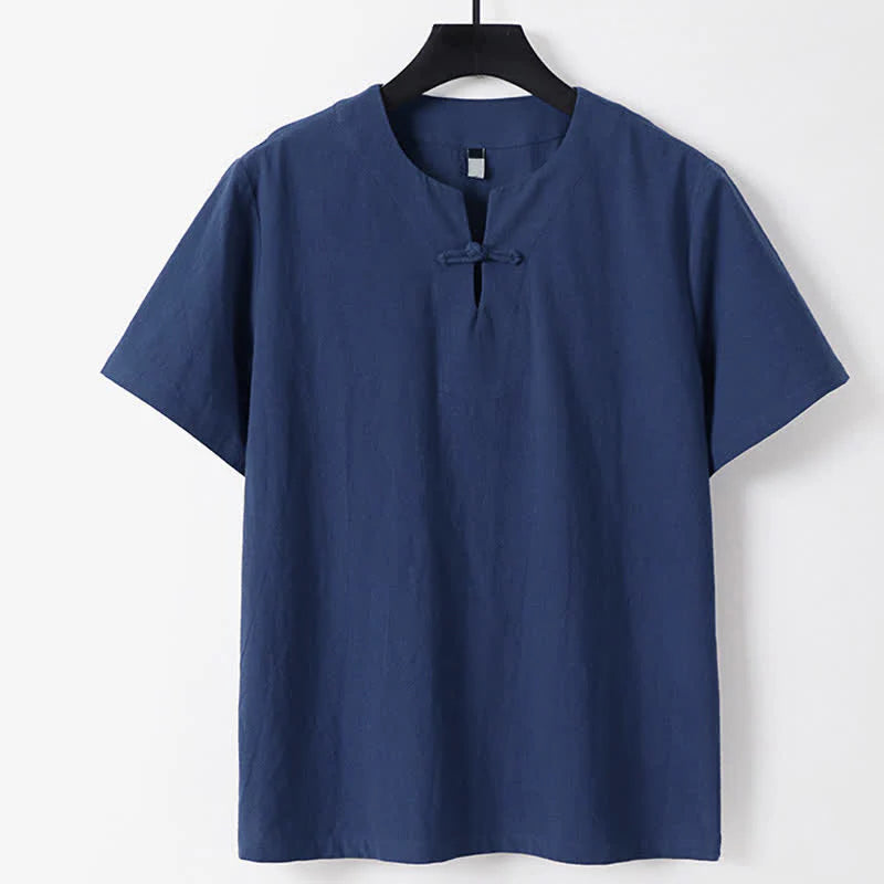 Buddha Stones Solid Color Frog-Button Short Sleeve Notched Collar Men's Cotton Linen T-Shirt