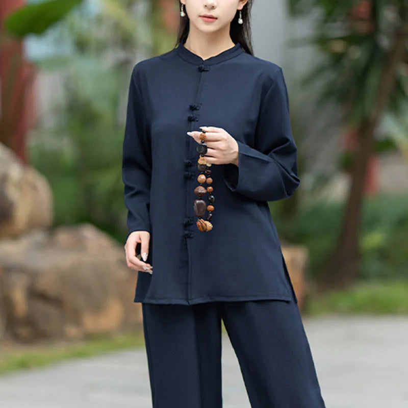 Buddha Stones 2Pcs Chinese Frog-Button Long Sleeve Shirt Top Pants Meditation Zen Tai Chi Cotton Clothing Women's Set