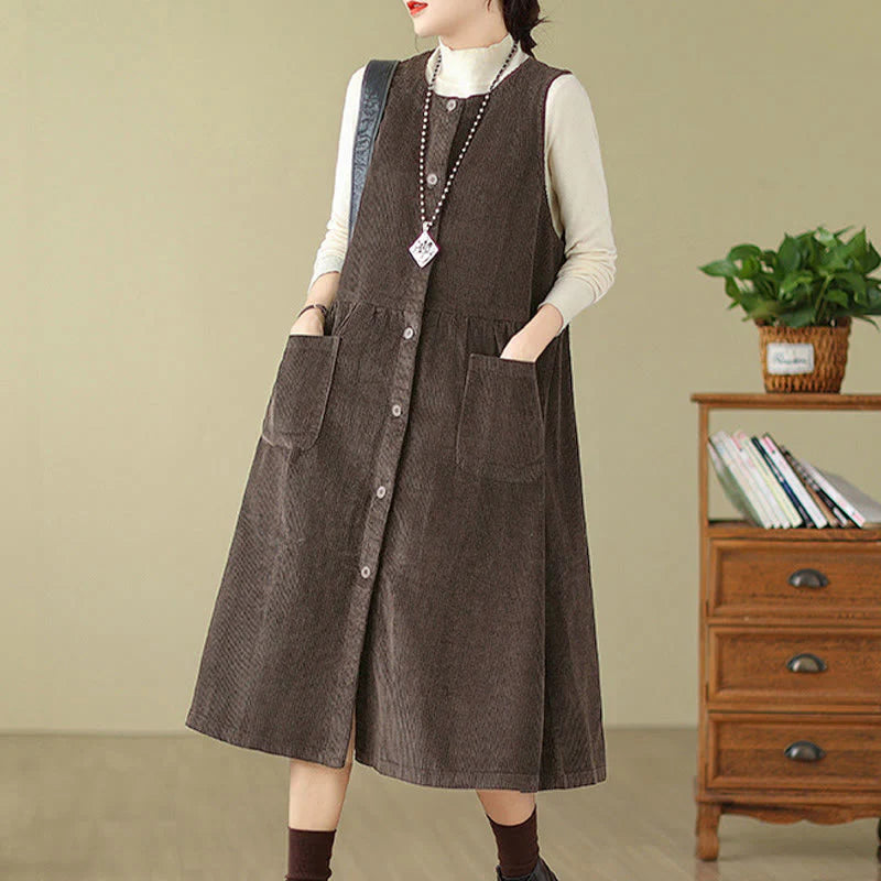 Buddha Stones Fall Retro Buttons Design Corduroy Sleeveless Midi Dress With Pockets