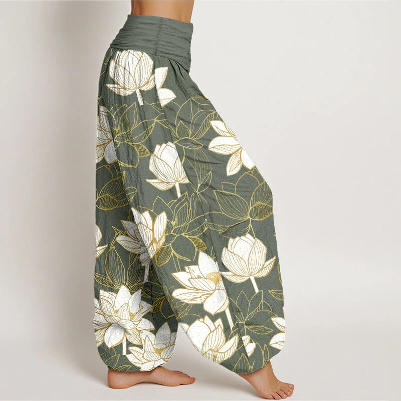 Buddha Stones Cotton Elegant Refined Lotus Flower Pattern Women's Elastic Waist Harem Pants