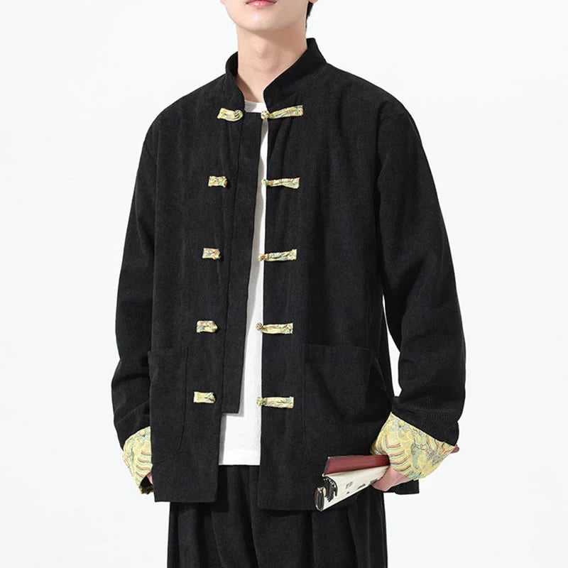 Buddha Stones Floral Design Long Sleeve Men's Cotton Corduroy Tang Suit Jacket With Pockets