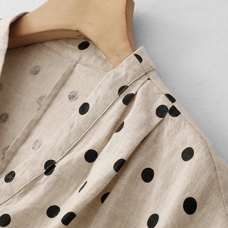 Buddha Stones Summer Polka Dot V-Neck Lace-up Cotton Linen Women's Midi Dress With Pockets