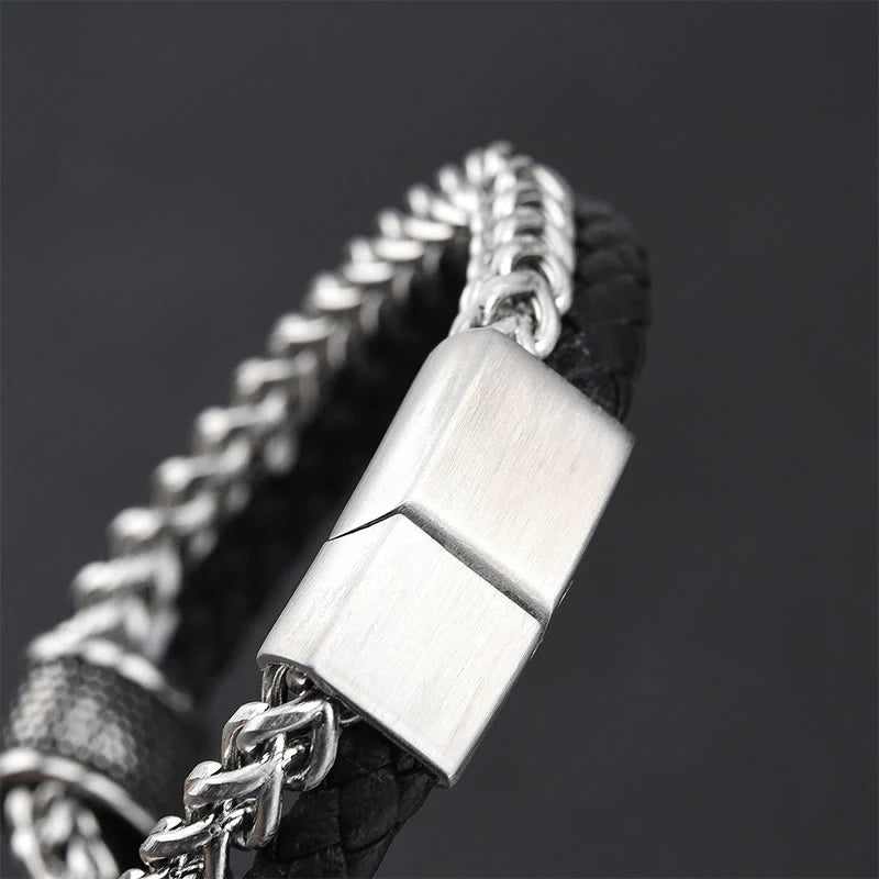 Buddha Stones Leather Double Layer Titanium Steel Balance Magnetic Buckle Bracelet