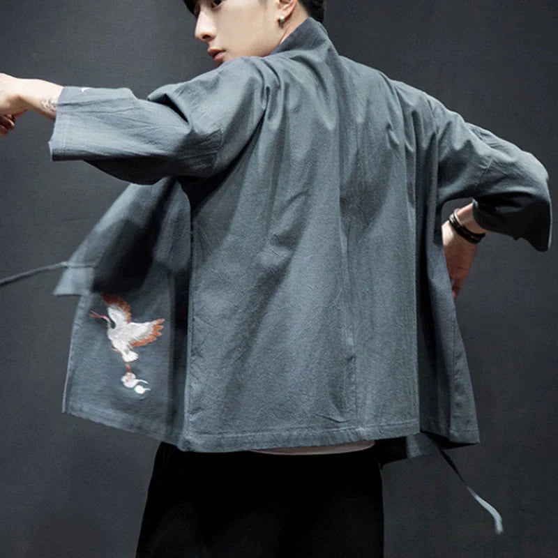 Buddha Stones Embroidery Open Front Jacket Cotton Linen Men's Three Quarter Sleeve Kimono