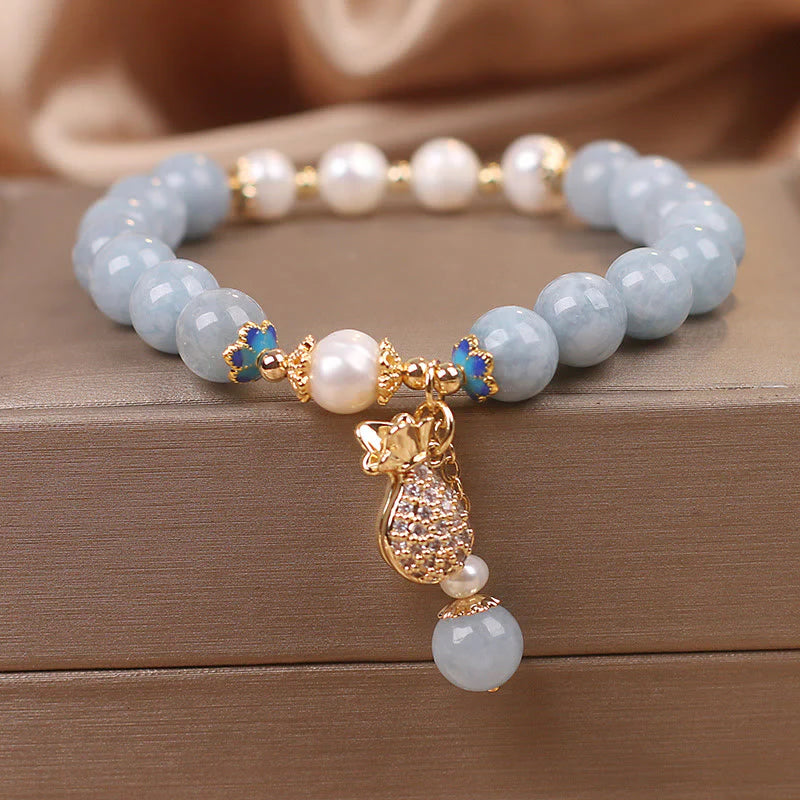 Buddha Stones Aquamarine Pearl Fortune Money Bag Charm Bracelet