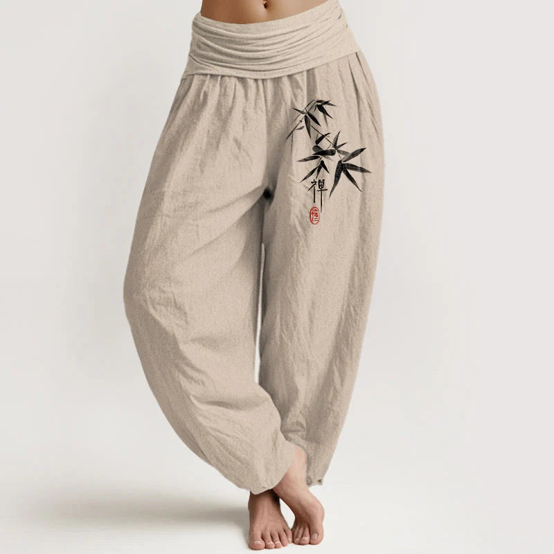 Buddha Stones Pure Cotton Bamboo Zen Pattern Women's Elastic Waist Harem Pants