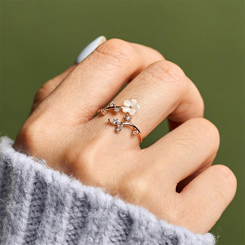 Buddha Stones 925 Sterling Silver White Flower Design Adjustable Blessing Ring