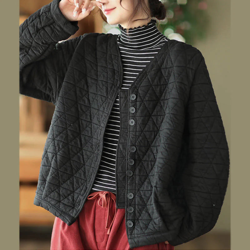 Buddha Stones Winter Cotton Long Sleeve Diamond Pattern Women's Thermal Jacket With Pockets