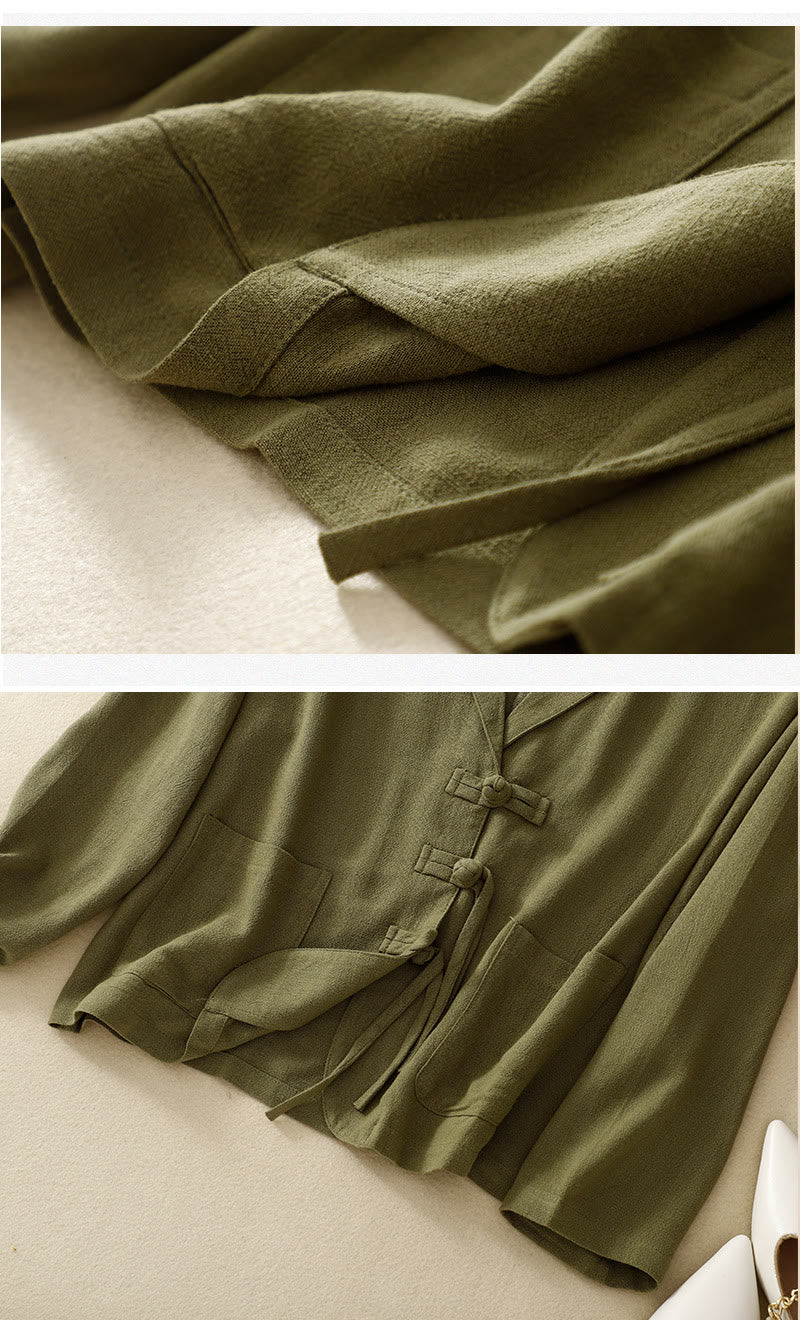 Buddha Stones Women's Cotton Linen Frog-Button Long Sleeve Jacket With Pockets