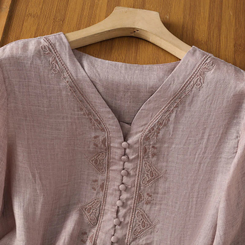 Buddha Stones Casual Embroidery Single Breasted Button Polyester Half Sleeve Women's V-neck Shirt