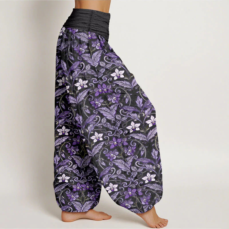 Buddha Stones Cotton Star Shaped Flowers Leaves Pattern Women's Elastic Waist Harem Pants