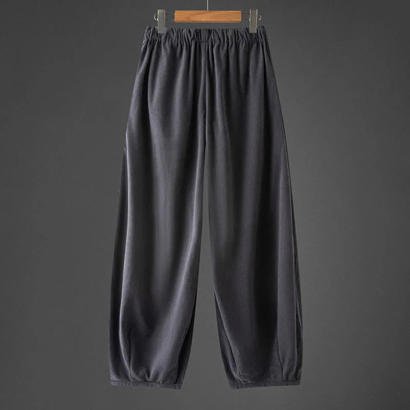 Buddha Stones Winter Men's Drawstring Plain Elastic Waistband Design Corduroy Pants With Pockets