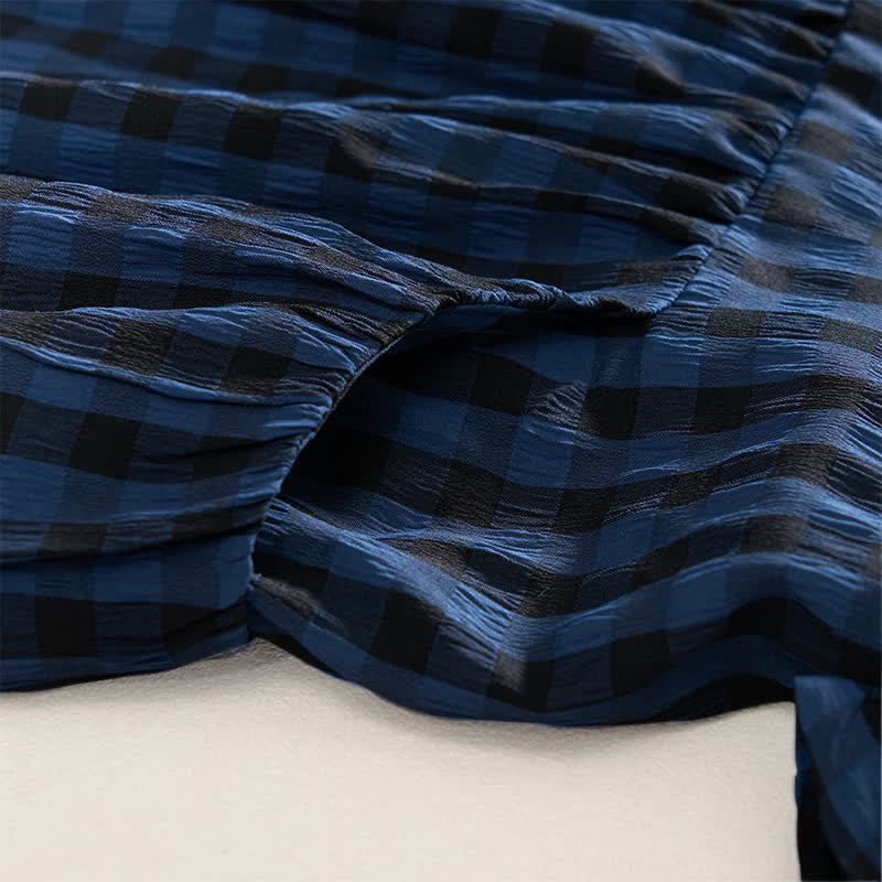 Buddha Stones Summer MidnightBlue Checked  A-line Pleated Crew Neck Knee Length Women's Short Sleeve Dress