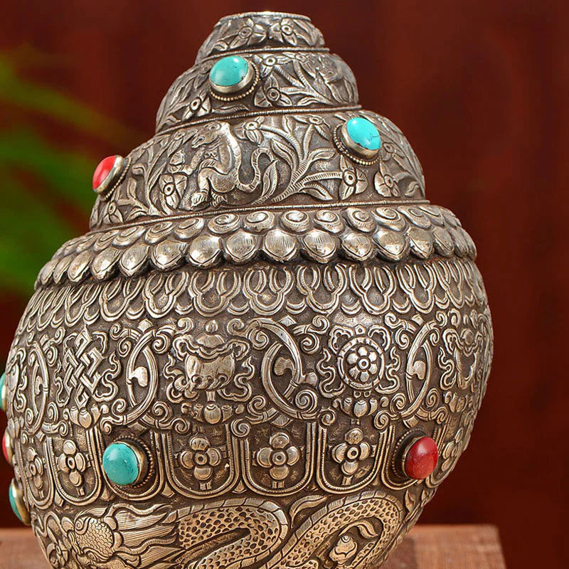 Buddha Stones Tibetan Handmade Natural Shankha Engraved Eight Auspicious Symbols Conch Shell Lucky Home Decoration