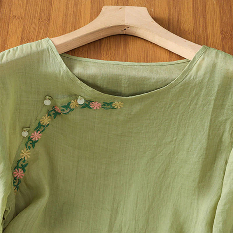 Buddha Stones Casual Embroidery Flowers Cotton Polyester Half Sleeve Women's Crew Neck Shirt