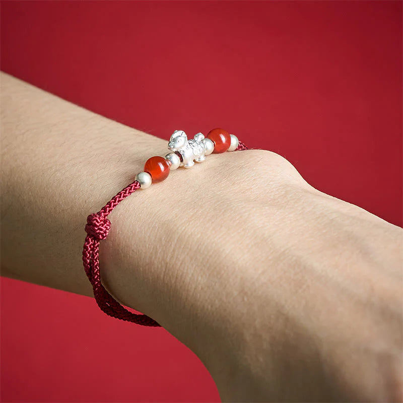 Buddha Stones 999 Sterling Silver Red Agate Year Of The Horse Prosperity String Bracelet