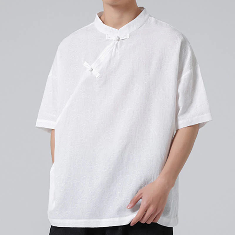 Buddha Stones Retro Pure Color Frog-Button Design Jacquard Flower Pattern Men's Short Sleeve Cotton Linen Shirt