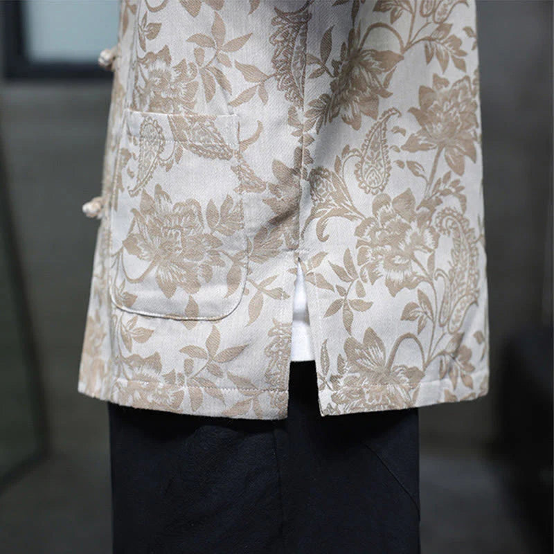 Buddha Stones Casual Jacquard Paisley Flower Plant Pattern Frog-Button Design Men's Cotton Shirt Cardigan With Pockets