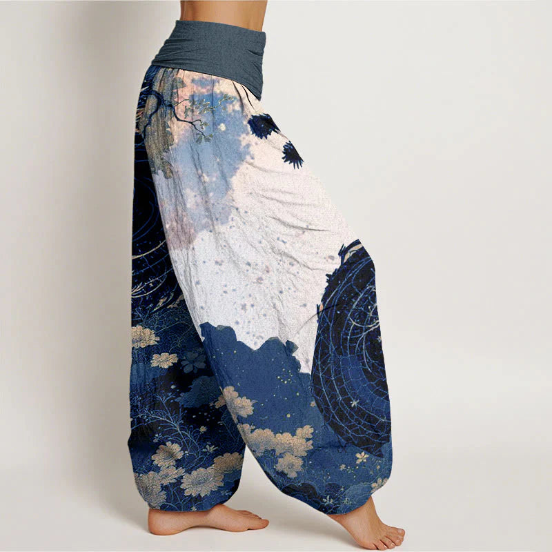 Buddha Stones Cotton Casual Dragon Ancient Tree Pattern Women's Elastic Waist Harem Pants