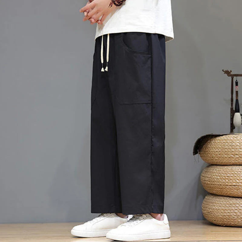 Buddha Stones Summer Solid Color Drawstring Straight Leg 7-8 Length Men's Pants With Pockets