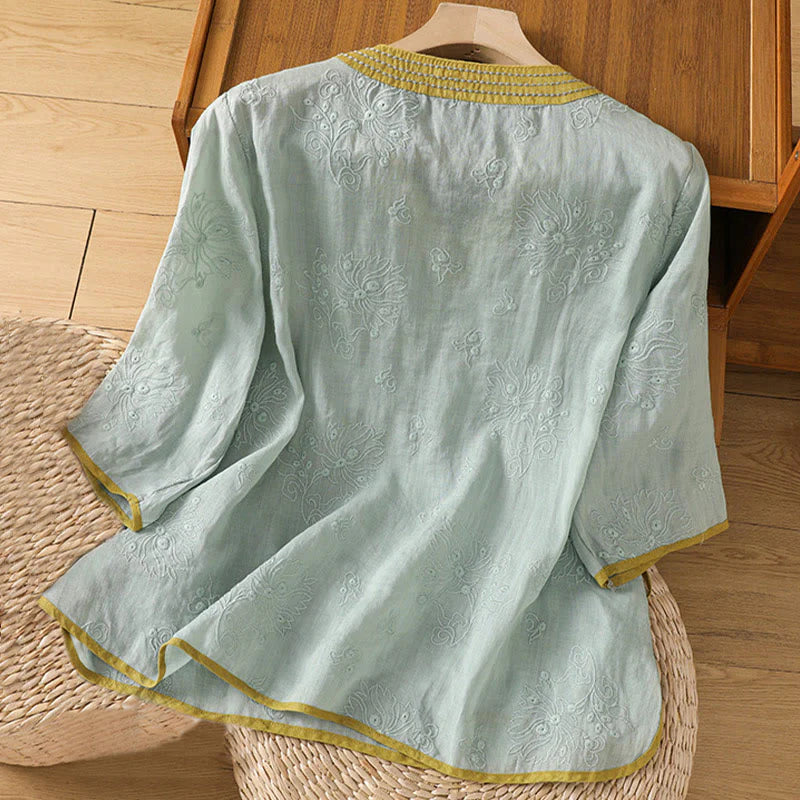 Buddha Stones Summer Vintage Embroidery Plant Floral Lace-Up Design V-Neck Women's Cotton Linen Shirt