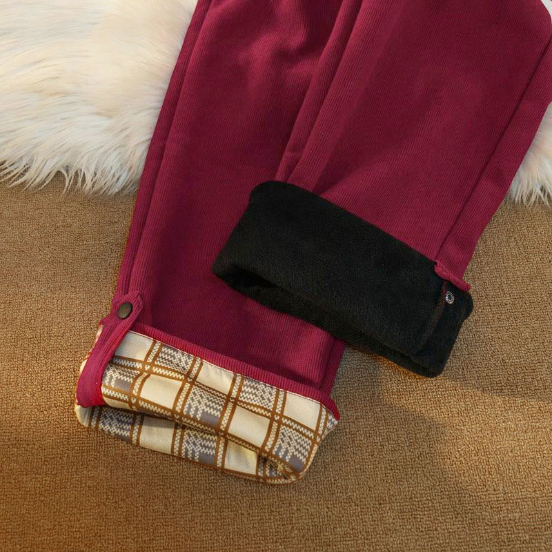 Buddha Stones Women's Patchwork Cotton Corduroy Fleece-Lined Wide Leg Pants With Pockets