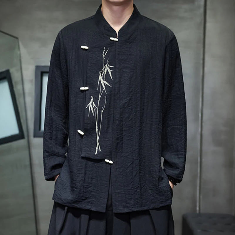 Buddha Stones Fall Solid Color Bamboo Leaf Embroidery Men's Long Sleeve Cotton Linen Shirt