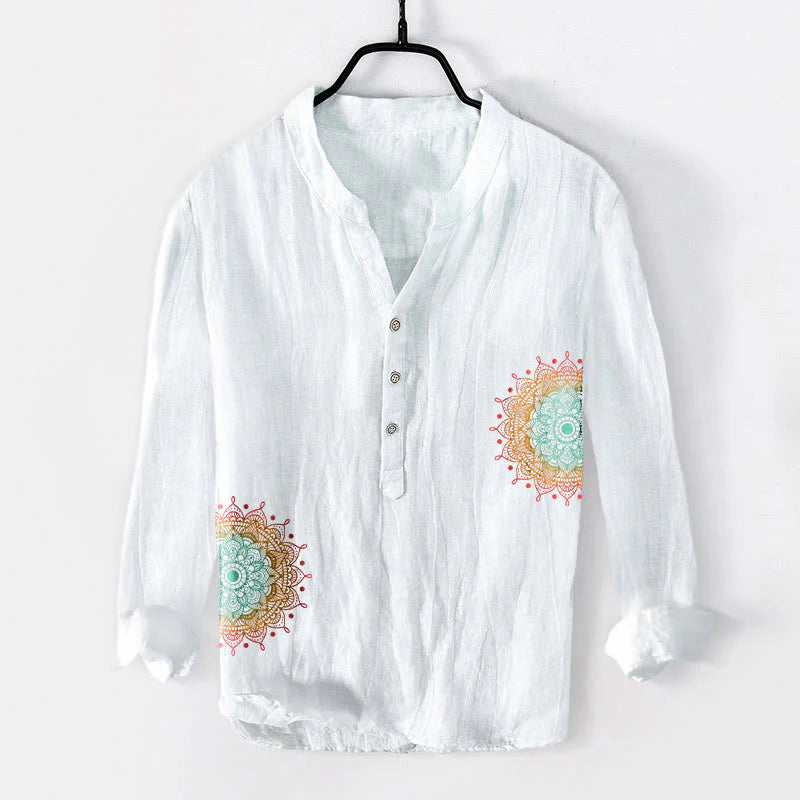 Buddha Stones Colorful Mandala Pattern Half Buttons Men's Cotton Linen Long Sleeve Shirt
