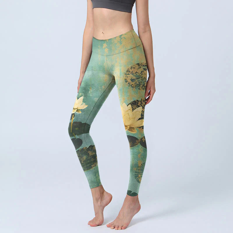 Buddha Stones Classical Lotus Flower Leaf Pattern Print Gym Leggings Women's Yoga Pants