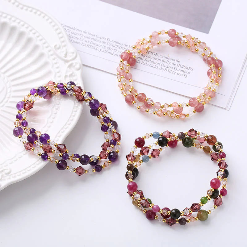 Buddha Stones Natural Tourmaline Strawberry Quartz Amethyst Peace Wisdom Double Wrap Bracelet