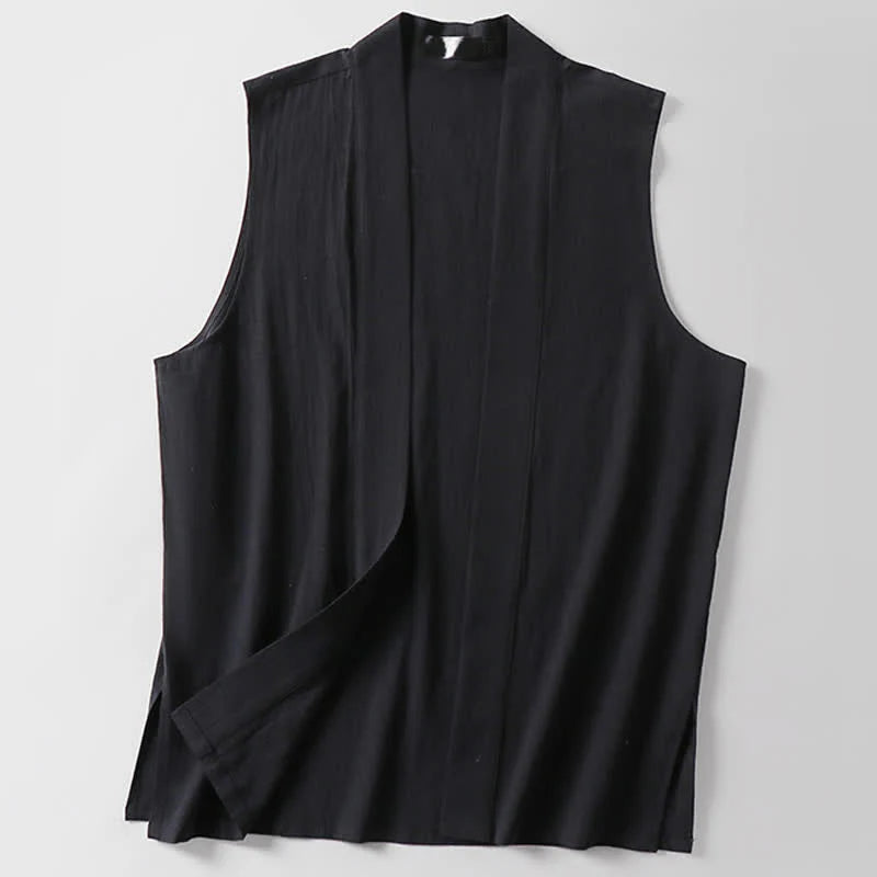 Buddha Stones Spring Pure Color Open Front Design Men's Cotton Linen Sleeveless Kimono