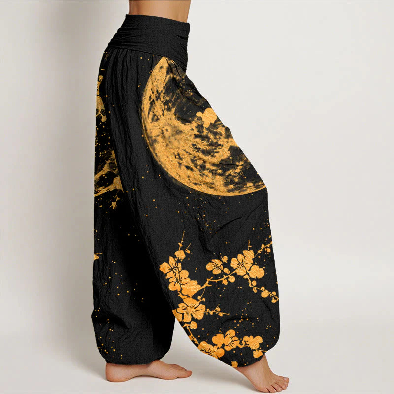 Buddha Stones Cotton Golden Plum Blossom Full Moon Pattern Women's Elastic Waist Harem Pants