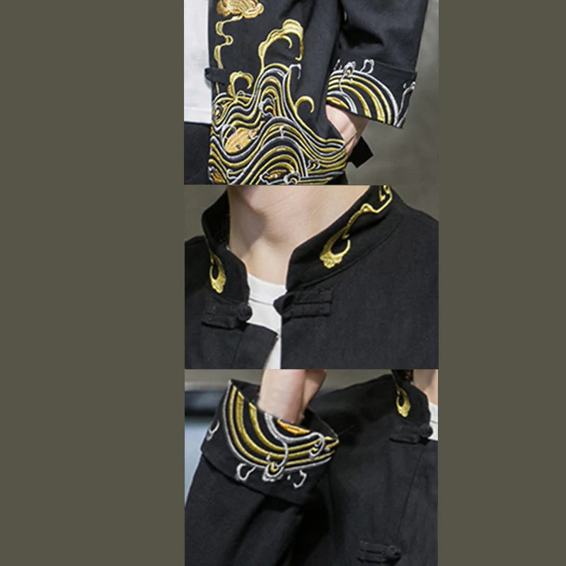Buddha Stones Embroidered Clouds Frog-Button Long Sleeve Men's Cotton Tang Suit Jacket