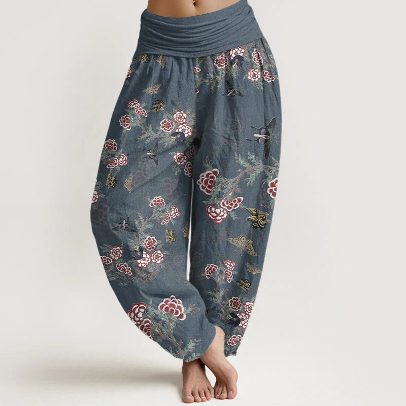 Buddha Stones Cotton Flowers Leaves Butterfly Pattern Women's Elastic Waist Harem Pants