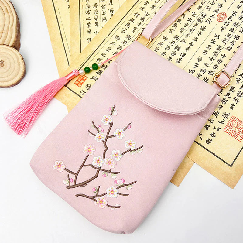 Buddha Stones Small Embroidered Flowers Crossbody Bag Shoulder Bag Double Layer Cellphone Bag